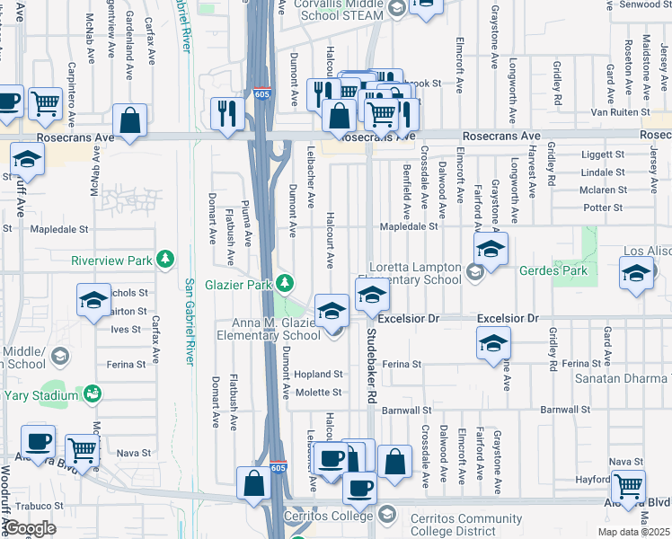 map of restaurants, bars, coffee shops, grocery stores, and more near 14716 Halcourt Avenue in Norwalk