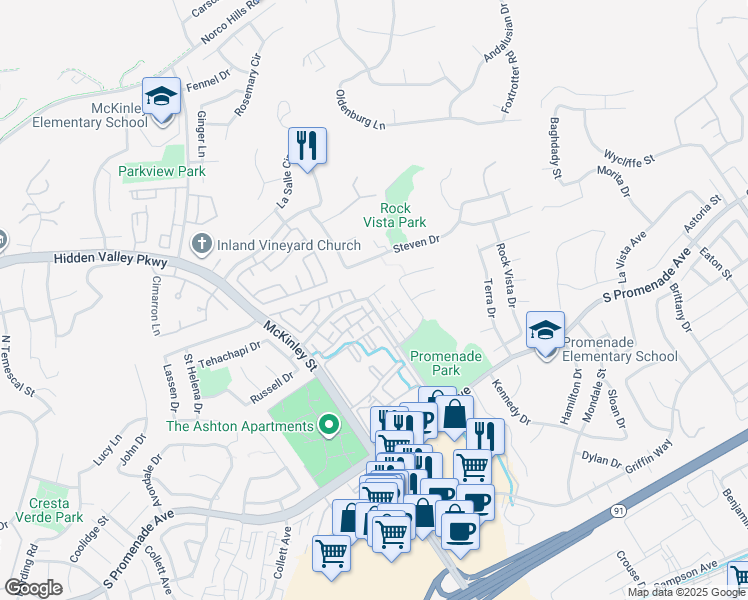 map of restaurants, bars, coffee shops, grocery stores, and more near 101 Richey Street in Corona