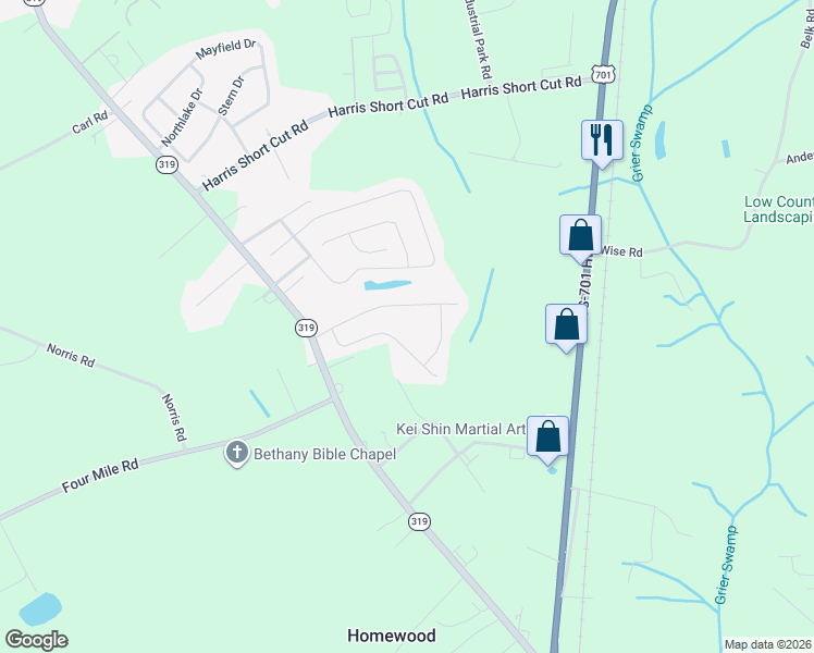 map of restaurants, bars, coffee shops, grocery stores, and more near 3650 South Carolina 319 in Conway