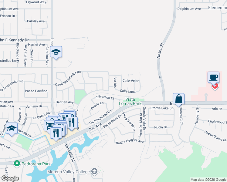 map of restaurants, bars, coffee shops, grocery stores, and more near 15401 Avenida Anillo in Moreno Valley