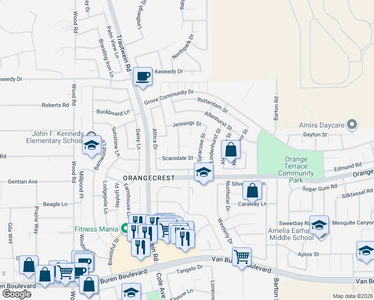 map of restaurants, bars, coffee shops, grocery stores, and more near 19497 Hebron Court in Riverside