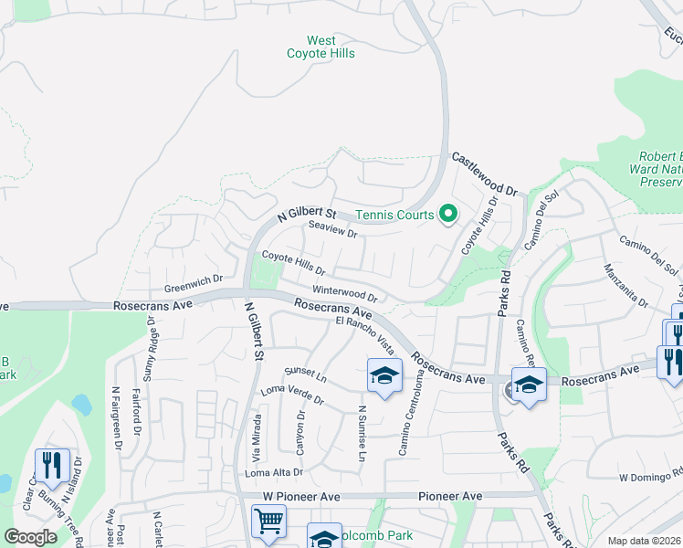 map of restaurants, bars, coffee shops, grocery stores, and more near 2136 Foothill Drive in Fullerton