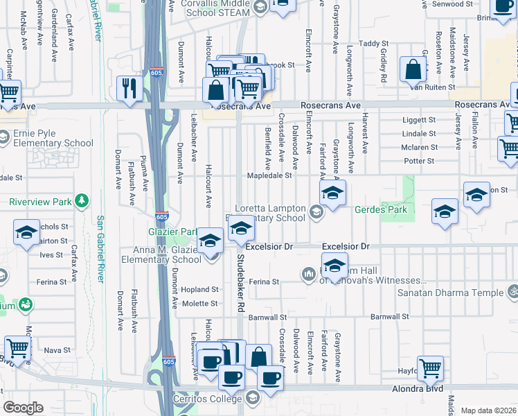 map of restaurants, bars, coffee shops, grocery stores, and more near 14703 Allingham Avenue in Norwalk