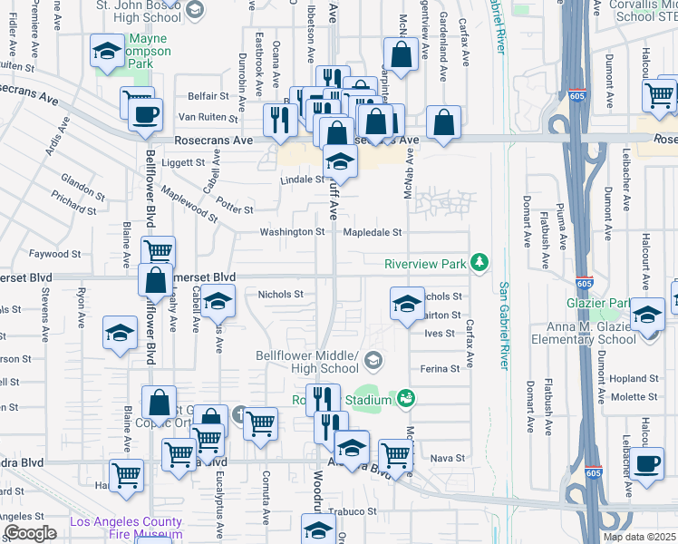 map of restaurants, bars, coffee shops, grocery stores, and more near 10237 Somerset Boulevard in Bellflower