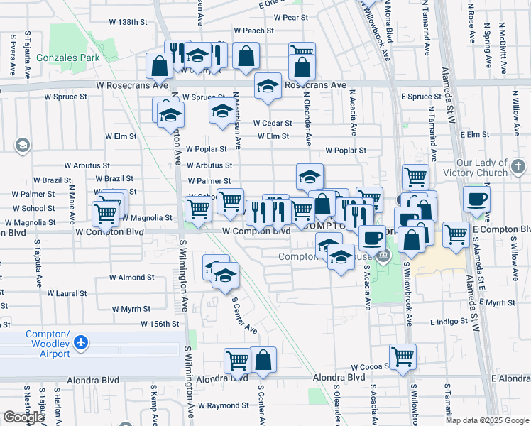map of restaurants, bars, coffee shops, grocery stores, and more near 523 West Magnolia Street in Compton