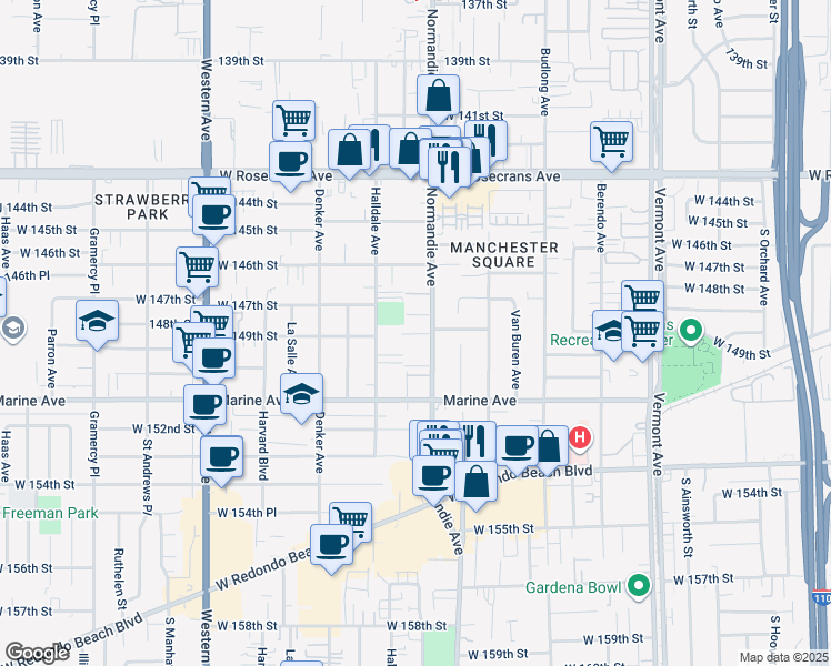 map of restaurants, bars, coffee shops, grocery stores, and more near in Gardena