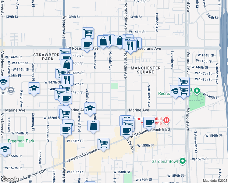 map of restaurants, bars, coffee shops, grocery stores, and more near 14708 Halldale Avenue in Gardena