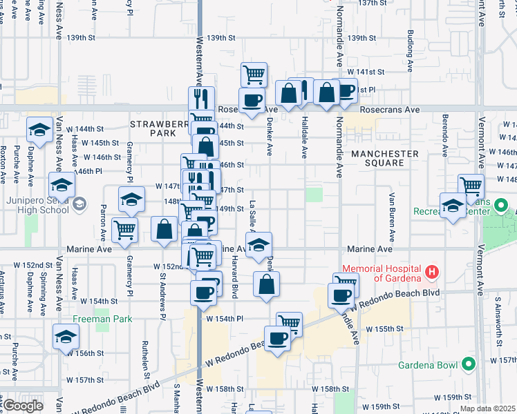map of restaurants, bars, coffee shops, grocery stores, and more near 14811 Denker Avenue in Gardena