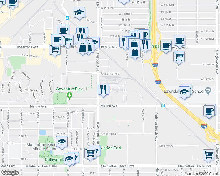 map of restaurants, bars, coffee shops, grocery stores, and more near 5507 West 149th Place in Hawthorne