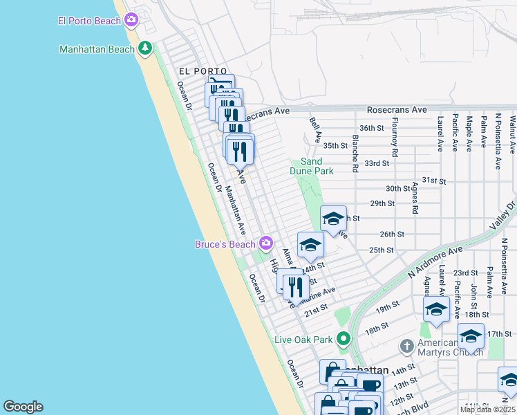 map of restaurants, bars, coffee shops, grocery stores, and more near 3016 Highland Avenue in Manhattan Beach