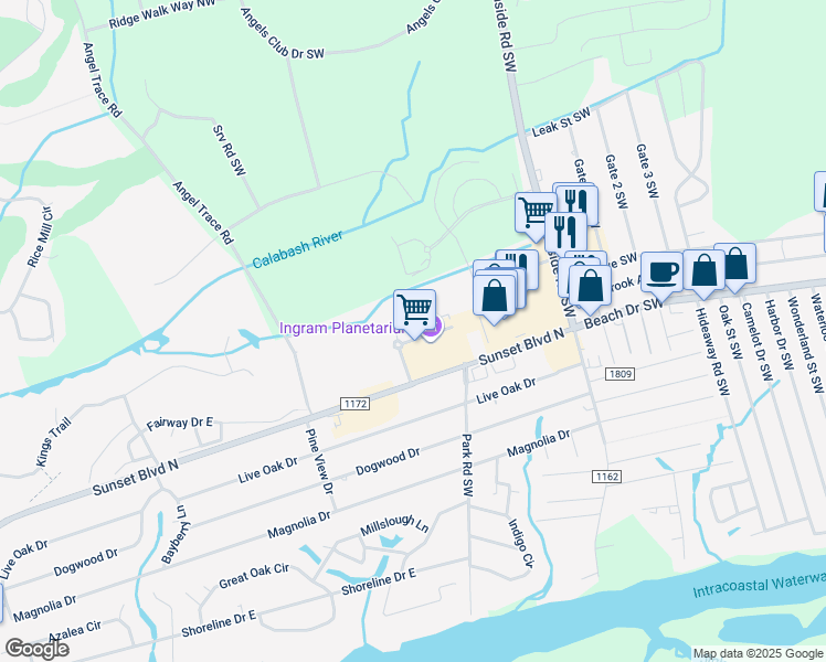 map of restaurants, bars, coffee shops, grocery stores, and more near 7630 High Market Street in Sunset Beach