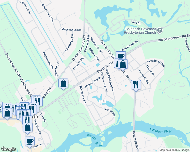map of restaurants, bars, coffee shops, grocery stores, and more near 9106 Beach Drive Southwest in Calabash