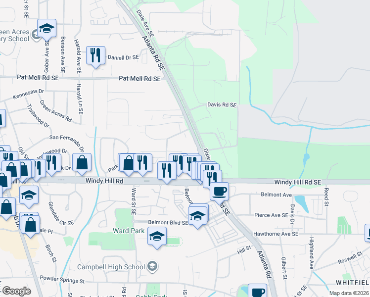 map of restaurants, bars, coffee shops, grocery stores, and more near 2321 Kissing Tree Lane Southeast in Smyrna