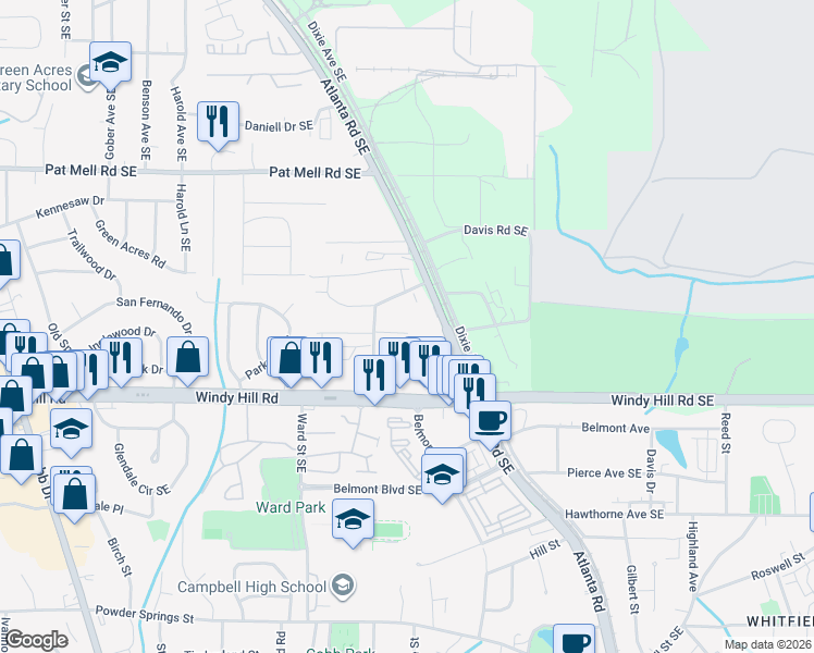 map of restaurants, bars, coffee shops, grocery stores, and more near 2313 Kissing Tree Lane Southeast in Smyrna