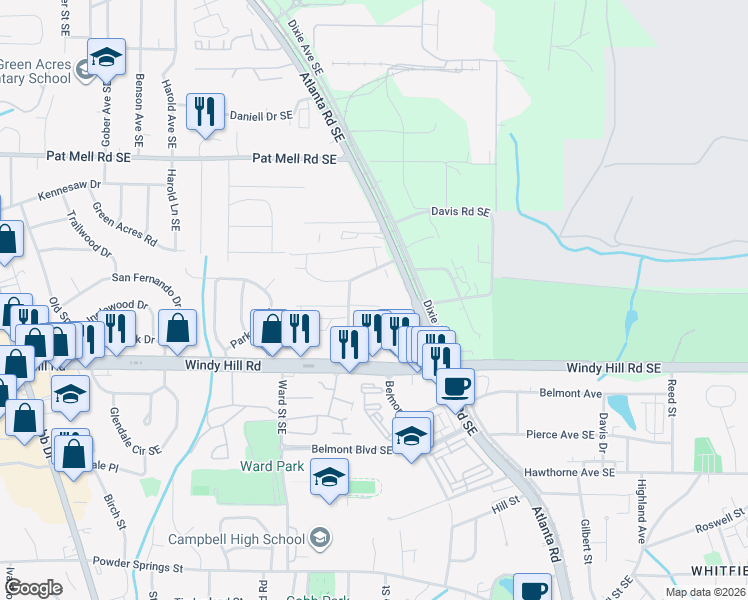 map of restaurants, bars, coffee shops, grocery stores, and more near 2313 Kissing Tree Lane Southeast in Smyrna