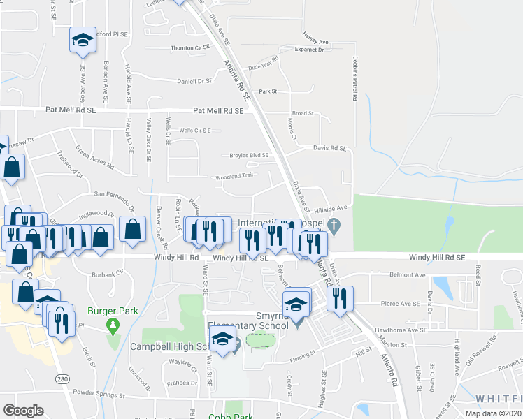 map of restaurants, bars, coffee shops, grocery stores, and more near 2307 Kissing Tree Lane Southeast in Smyrna