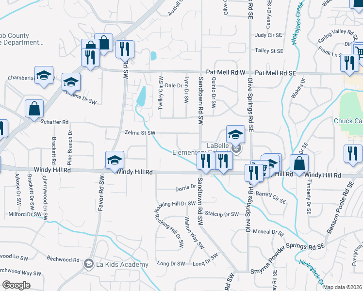 map of restaurants, bars, coffee shops, grocery stores, and more near 2317 Hollyridge Drive Southwest in Marietta