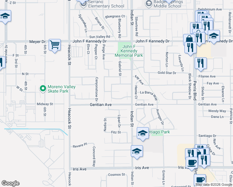 map of restaurants, bars, coffee shops, grocery stores, and more near 24387 Dyna Place in Moreno Valley
