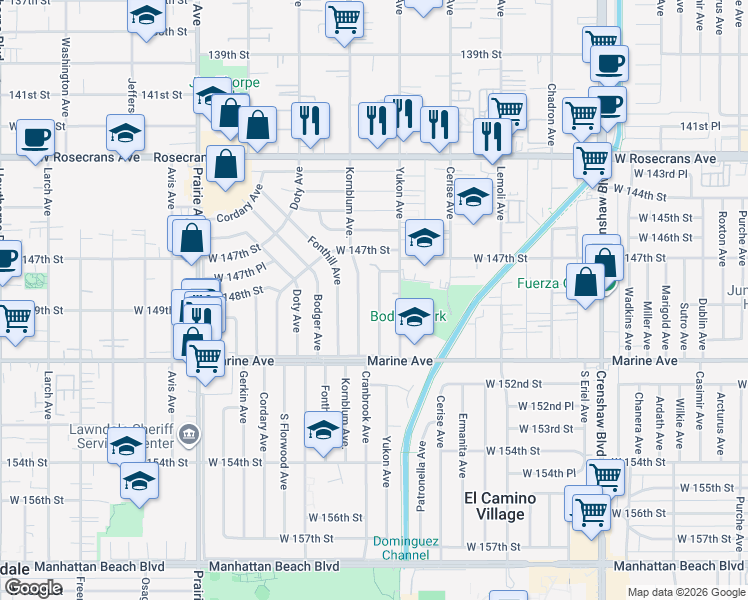 map of restaurants, bars, coffee shops, grocery stores, and more near 14809 Cranbrook Avenue in Hawthorne