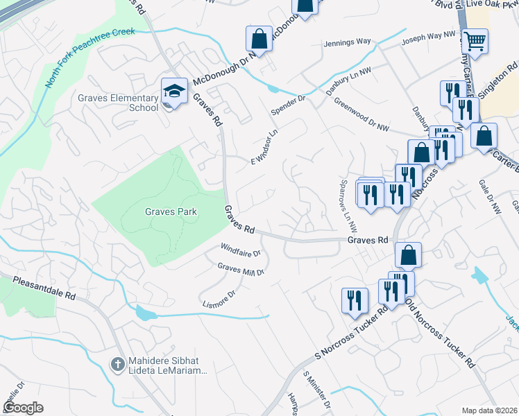 map of restaurants, bars, coffee shops, grocery stores, and more near 1522 Lancashire Place in Norcross