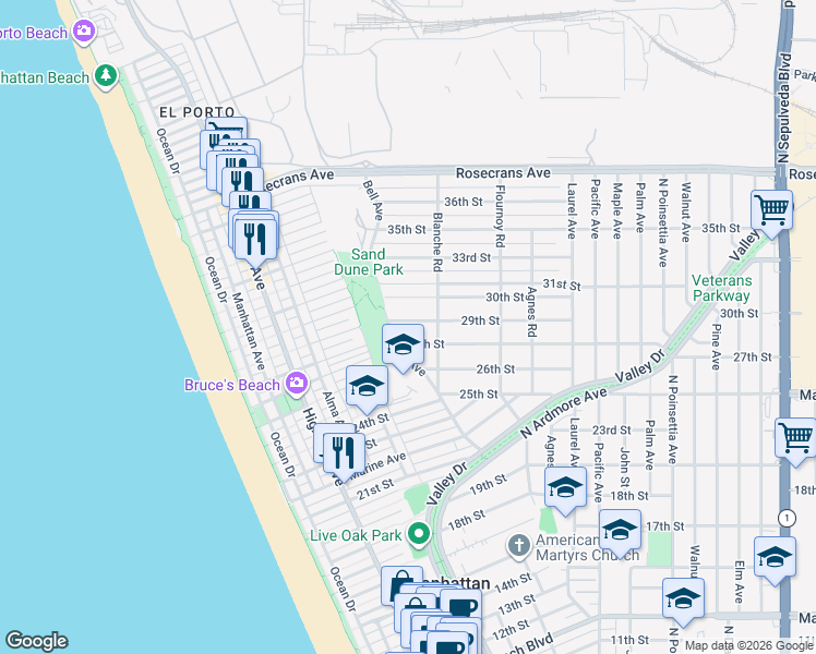 map of restaurants, bars, coffee shops, grocery stores, and more near 576 29th Street in Manhattan Beach