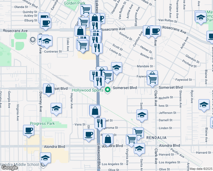 map of restaurants, bars, coffee shops, grocery stores, and more near 9033 Somerset Boulevard in Bellflower