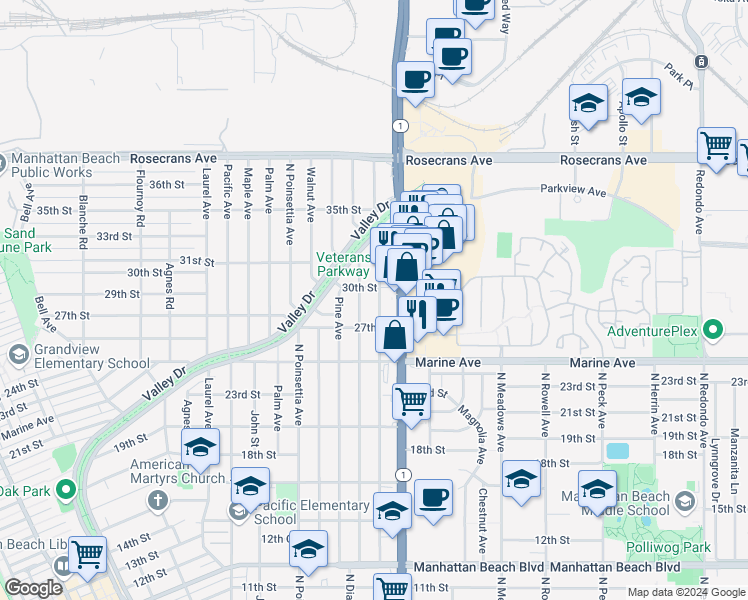 map of restaurants, bars, coffee shops, grocery stores, and more near 2901 Oak Avenue in Manhattan Beach