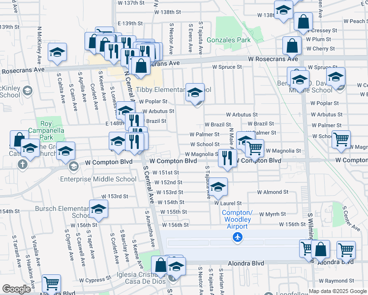 map of restaurants, bars, coffee shops, grocery stores, and more near 1442 West School Street in Compton