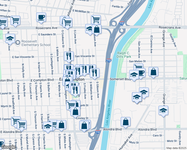 map of restaurants, bars, coffee shops, grocery stores, and more near 4810 East San Luis Street in Compton