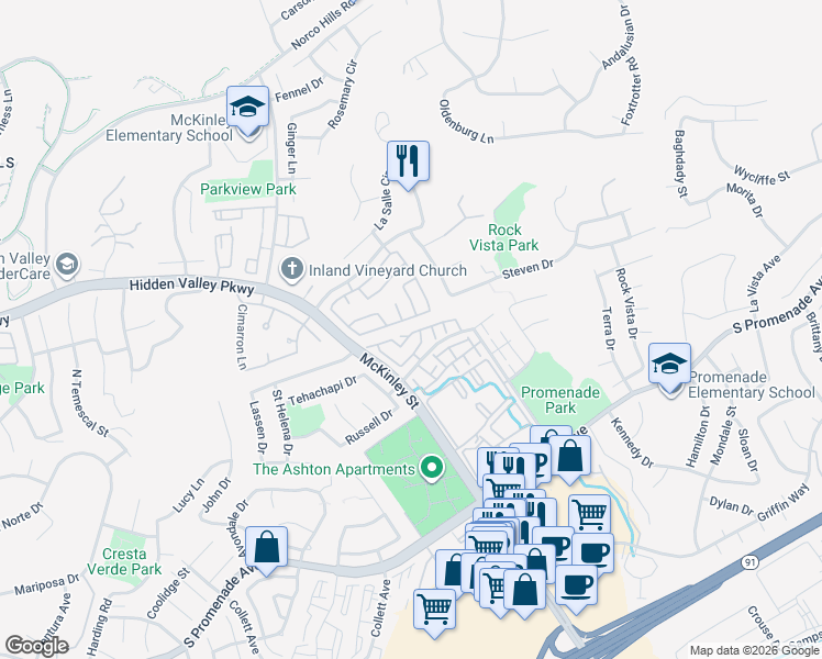 map of restaurants, bars, coffee shops, grocery stores, and more near 2249 Arabian Way in Corona