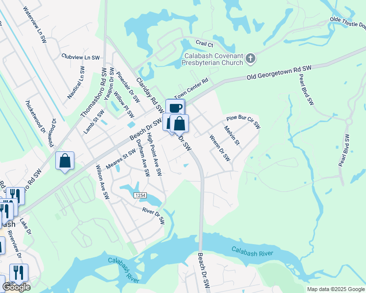 map of restaurants, bars, coffee shops, grocery stores, and more near 1052 Beach Drive Southwest in Calabash