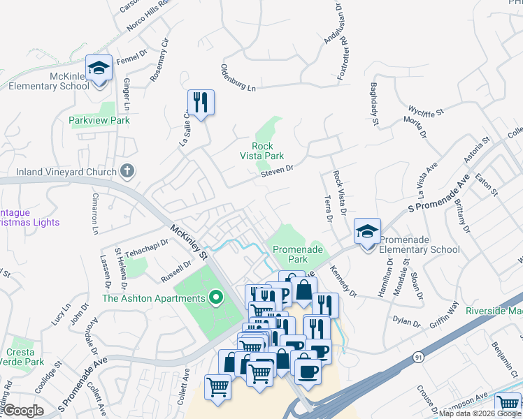 map of restaurants, bars, coffee shops, grocery stores, and more near 2381 Benidorm Circle in Corona