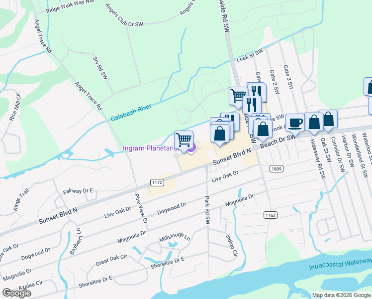 map of restaurants, bars, coffee shops, grocery stores, and more near 7630 High Market Street in Sunset Beach