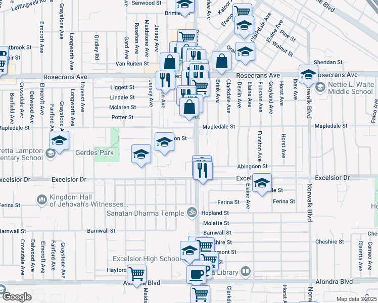 map of restaurants, bars, coffee shops, grocery stores, and more near 14717 Pioneer Boulevard in Norwalk