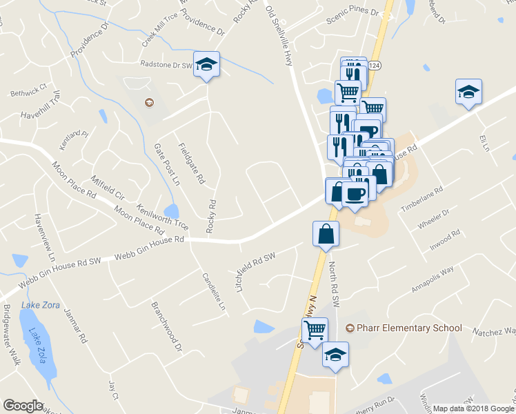 map of restaurants, bars, coffee shops, grocery stores, and more near 1295 Heritage Hills Circle in Snellville