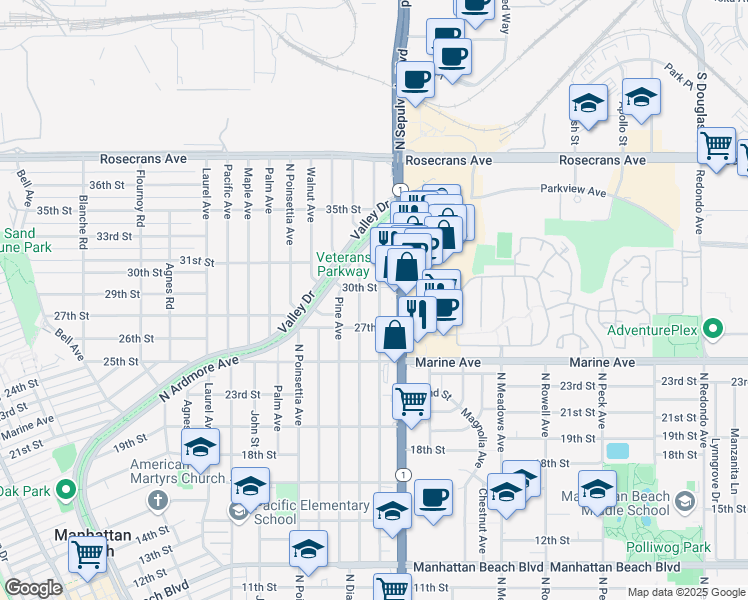 map of restaurants, bars, coffee shops, grocery stores, and more near 2901 Oak Avenue in Manhattan Beach