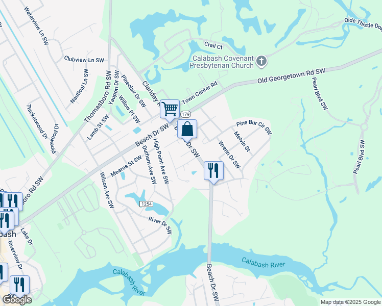 map of restaurants, bars, coffee shops, grocery stores, and more near 1052 Beach Drive Southwest in Calabash