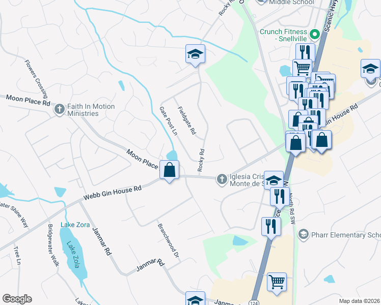 map of restaurants, bars, coffee shops, grocery stores, and more near 1238 Gate Post Lane in Lawrenceville