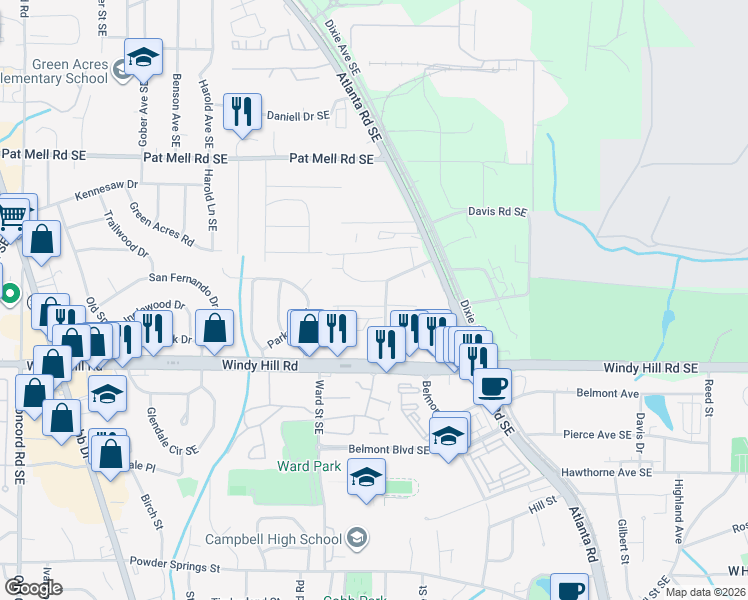 map of restaurants, bars, coffee shops, grocery stores, and more near 971 Turner Drive Southeast in Smyrna