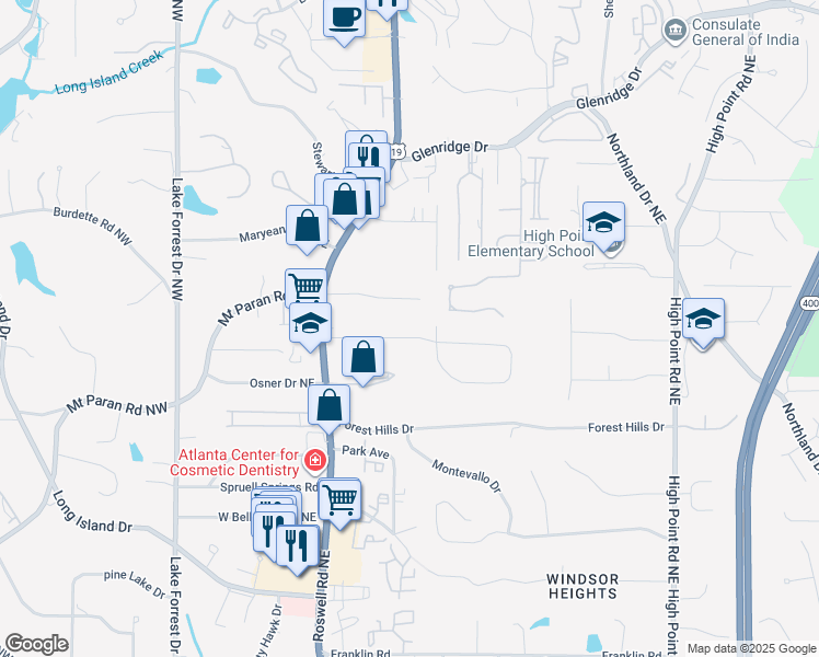 map of restaurants, bars, coffee shops, grocery stores, and more near 284 Elden Drive Northeast in Atlanta