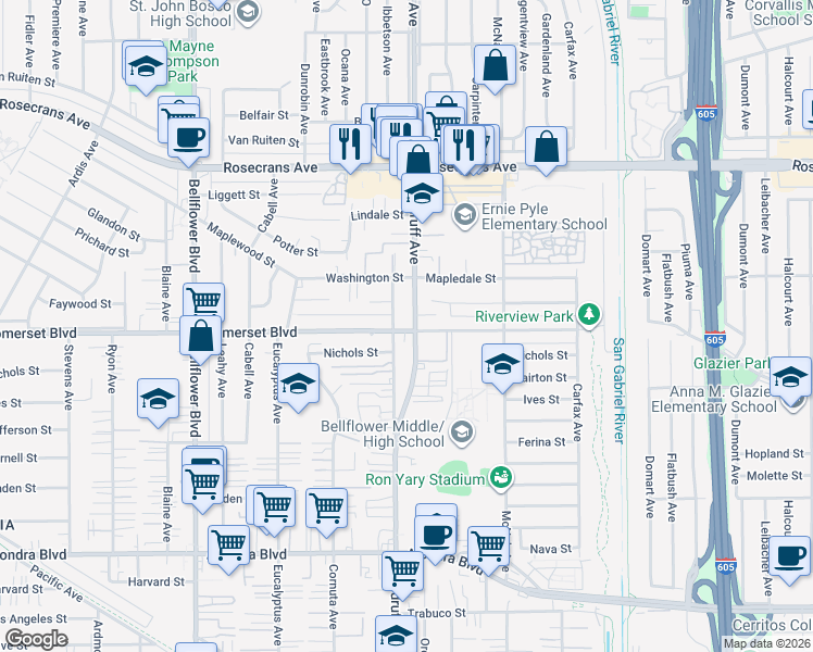 map of restaurants, bars, coffee shops, grocery stores, and more near 10213 Somerset Boulevard in Bellflower