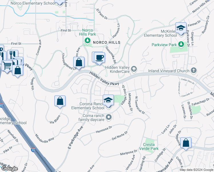 map of restaurants, bars, coffee shops, grocery stores, and more near 1400 Goldeneagle Drive in Corona