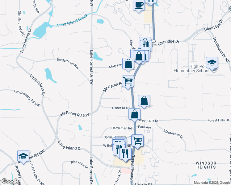 map of restaurants, bars, coffee shops, grocery stores, and more near 500 Park Gate Court in Atlanta