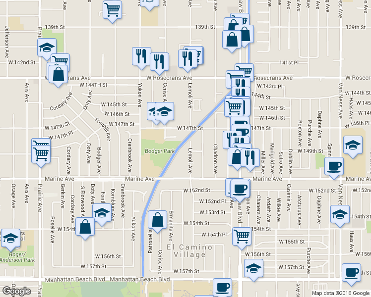 map of restaurants, bars, coffee shops, grocery stores, and more near in Gardena