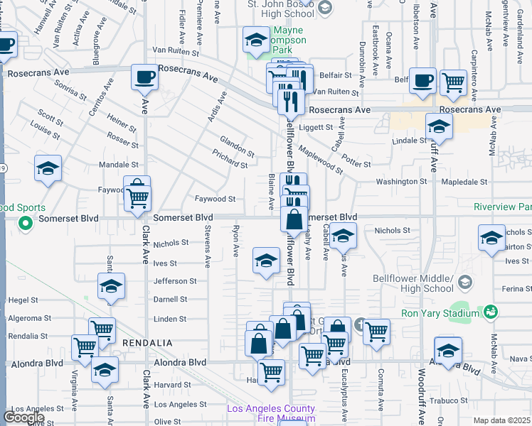 map of restaurants, bars, coffee shops, grocery stores, and more near 9743 Somerset Boulevard in Bellflower