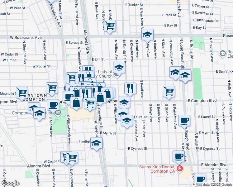 map of restaurants, bars, coffee shops, grocery stores, and more near 123 North Willow Avenue in Compton