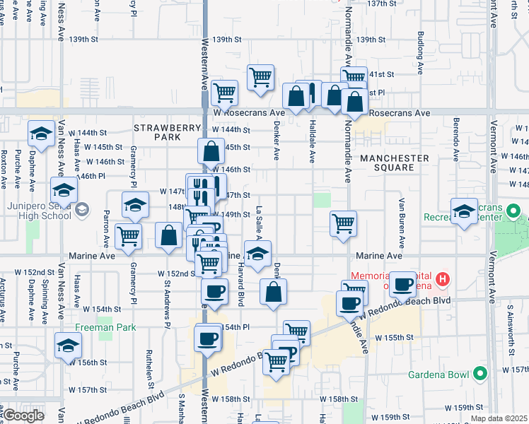 map of restaurants, bars, coffee shops, grocery stores, and more near 14811 Denker Avenue in Gardena
