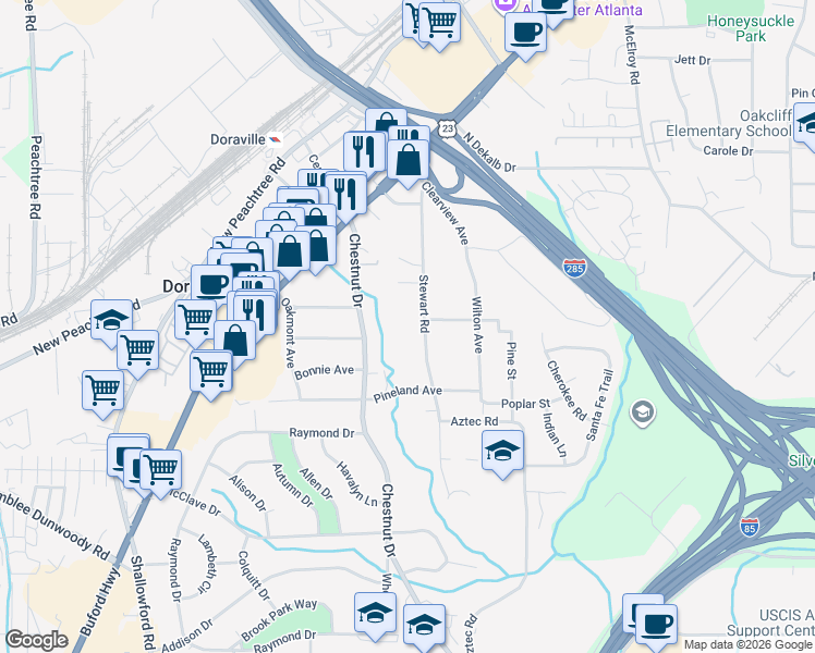 map of restaurants, bars, coffee shops, grocery stores, and more near 3606 Stewart Road in Doraville