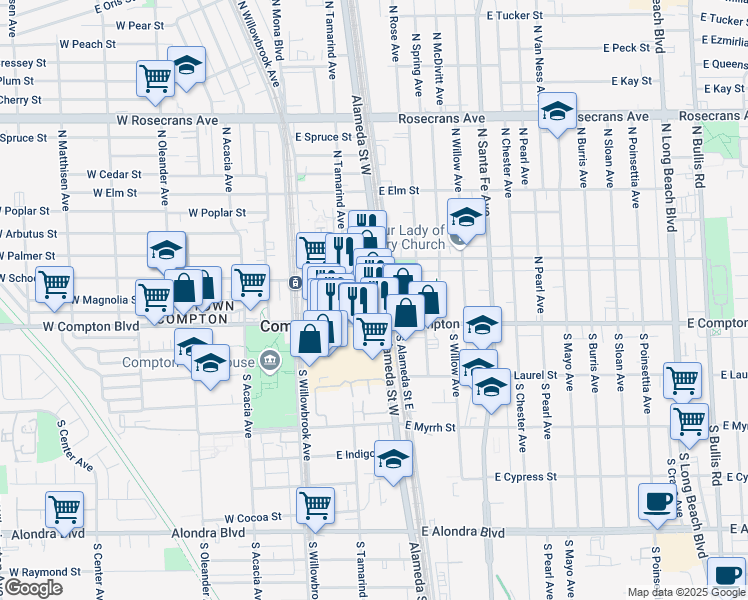 map of restaurants, bars, coffee shops, grocery stores, and more near 237 East Compton Boulevard in Compton