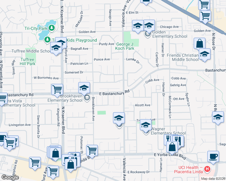map of restaurants, bars, coffee shops, grocery stores, and more near 514 Michel Place in Placentia